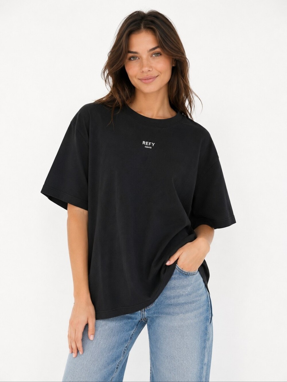 REFY Curated Black Short Sleeve Boxy T-Shirt Tee Size S